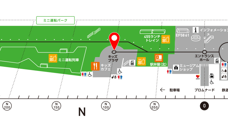 鉄道博物館　電車コイン 車両ステーション1F｜フロアマップ 1F 車両ステーション周辺